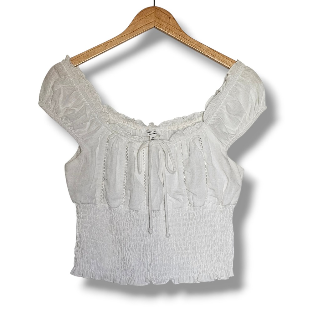 Kirious Milkmaid Top M Womens White Smocked Peasant Linen Boho Cottage Coastal